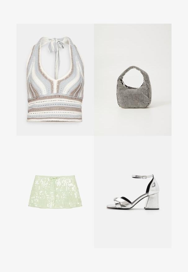 Haut halter en crochet avec des rayures bleu clair, beige et blanc, doté d'un décolleté en V profond et d'un lien dans le dos. Texture en torsion ouverte sur l'ensemble.; Mini-jupe à sequins vert clair avec un cordon à la taille, présentée sur fond blanc uni.; Sandales à talons hauts métalliques argentées avec un design à lanières croisées, une lanière de cheville et un talon carré. Surface lisse avec doublure intérieure noire.; Sac à main noir de forme arrondie, recouvert de petits rhinestones argentés, avec une poignée courte et une fermeture zippée sur le dessus.
