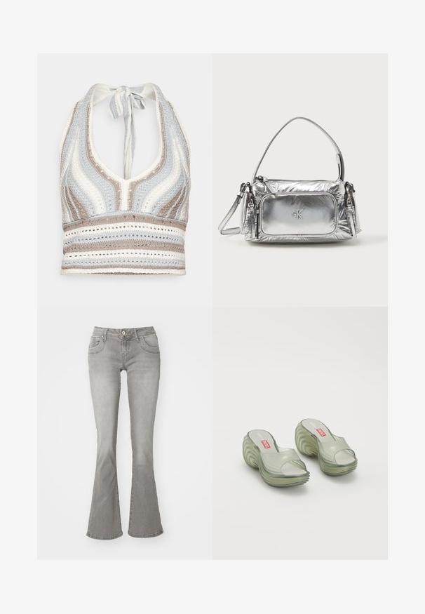 Crochet halter top yang menampilkan garis-garis biru muda, beige, dan putih dengan leher V dalam dan ikatan di belakang. Tekstur rajutan terbuka di seluruh bagian.; Harmaat levenneet farkut, joissa on keskikorkea vyötärö, etutaskut ja nappisuljenta. Valmistettu denim-kankaasta, jonka pinta on sileä.; Melissa MELISSA QUANTUM PLATFORM X DIESEL AD - Rantasandaalit - clear; Metallinen hopeinen käsilaukku, jossa on suorakulmainen muoto, ylävetoketju ja etutasku. Varustettu lyhyellä kahvalla ja säädettävällä hihnalla. Röpellöinen pinta.