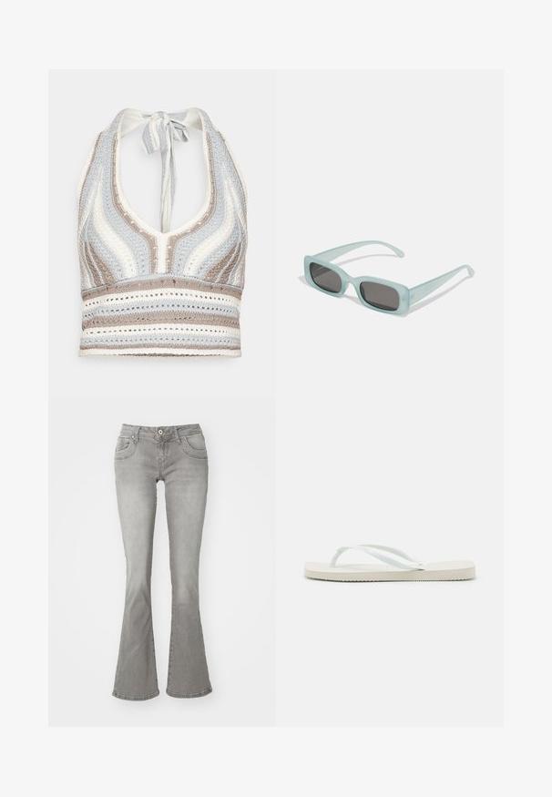 Haut halter en crochet avec des rayures bleu clair, beige et blanc, doté d'un décolleté en V profond et d'un lien dans le dos. Texture en torsion ouverte sur l'ensemble.; Jeans gris évasés avec une taille mi-haute, poches avant et fermeture à bouton, fabriqués en denim avec une texture lisse.; Havaianas SLIM SQUARE - Sandales tongs - white; Une paire de lunettes de soleil rectangulaires avec des montures translucides bleu clair et des verres gris foncé, présentant des branches droites et des détails matériels minimaux.