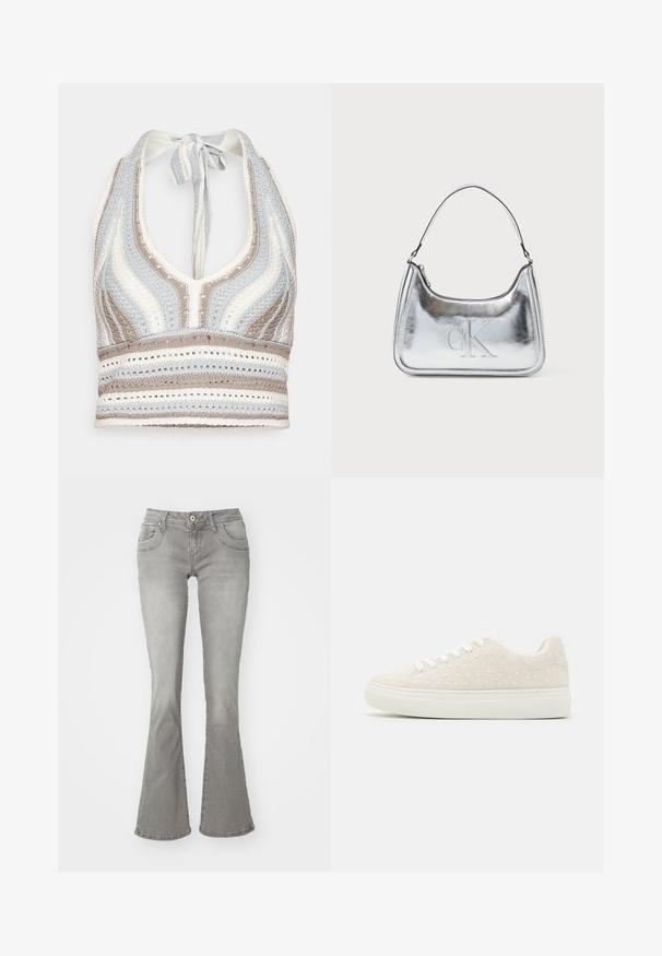 Hæklet halterneck-top med lyseblå, beige og hvide striber, dyb V-halsudskæring og knyttet ryg. Åben vævet tekstur hele vejen igennem.; Grå flagrende jeans med en middelhøj talje, frontlommer og knaplukning, lavet af denimstof med en glat tekstur.; Beige sneakers med tekstureret overflade, pyntet med små hvide perler, flad hvid gummisål og snørebånd design. Enkel, rund form.; Sølvmetallic håndtaske med en buet form, lynlåslukning og skulderrem. Har et præget "CK" logo på fronten.