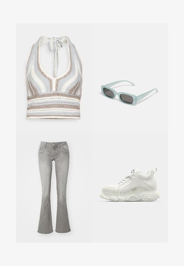 Hæklet halterneck-top med lyseblå, beige og hvide striber, dyb V-halsudskæring og knyttet ryg. Åben vævet tekstur hele vejen igennem.; Grå flagrende jeans med en middelhøj talje, frontlommer og knaplukning, lavet af denimstof med en glat tekstur.; Hvide atletiske sneakers med en glat læderoverdel, rund sål og tekstureret accent. Har snørebånd og en slippe-strop bagpå.; Et par rektangulære solbriller med lyseblå gennemsigtige stel og mørkegrå linser, der har lige templer og minimale hardware detaljer.