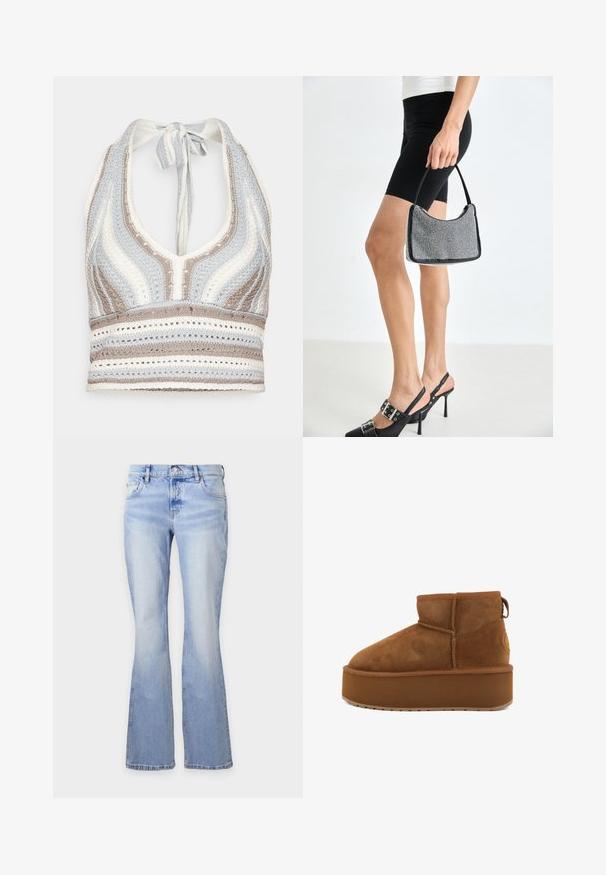 Hæklet halterneck-top med lyseblå, beige og hvide striber, dyb V-halsudskæring og knyttet ryg. Åben vævet tekstur hele vejen igennem.; Lyseblå denimjeans med høj talje, knaplukning, forlommer og vidde ben mod en ensfarvet baggrund.; Brune ruskindsankelstøvle med en rund tå og en platformsål. Har en lille hæl og en løkke for nem påtagning. Tekstureret overflade med syningsdetaljer.; Sort perlehandtaske med en buet silhuet, bærehåndtag og blank overflade. Båret med højhælede sorte sko og tætsiddende sorte shorts.