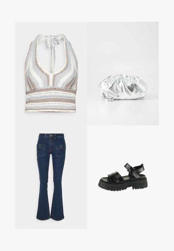 Crochet halter top yang menampilkan garis-garis biru muda, beige, dan putih dengan leher V dalam dan ikatan di belakang. Tekstur rajutan terbuka di seluruh bagian.; The Ragged Priest FLASHBACK LOW RIDER - Bootcut-farkut - blue; Mustat, paksupohjaiset sandaalit, joissa kaksi leveää eturenkasta, nilkkaremmi ja hopeinen solki valkoisella taustalla.; Metallinen hopeinen clutch-laukku, jossa on pehmeä, rypistynyt runko ja ohut olkahihna. Siinä on sileä, kiiltävä pinta ja pyöreä muoto.