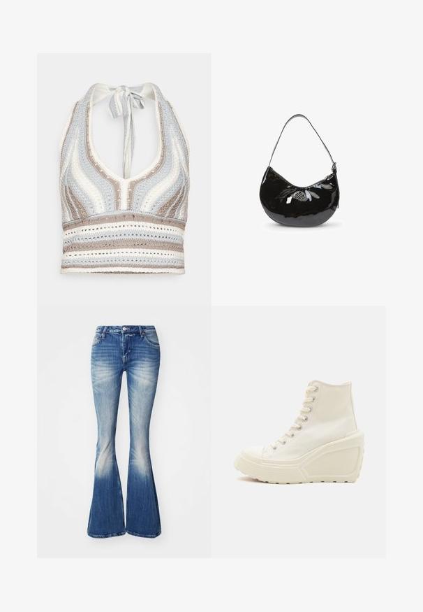 Top de ganchillo tipo halter con rayas en azul claro, beige y blanco, con un escote profundo en V y una espalda atada. Textura de tejido abierto en todo el top.; Jeans acampanados azules de mezclilla con un lavado desgastado. Incluyen una cintura ajustada, diseño de cinco bolsillos y ligero desgaste en los dobladillos.; Zapatillas altas de lona blanca con suela de cuña, que cuentan con ojales de metal, punta redonda y una suela de goma texturizada.; Bolso de mano de charol negro con forma curva, correa para el hombro única, cierre de cremallera y un logotipo metálico decorativo. Textura suave.