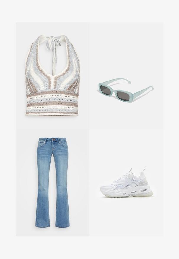Hæklet halterneck-top med lyseblå, beige og hvide striber, dyb V-halsudskæring og knyttet ryg. Åben vævet tekstur hele vejen igennem.; Lys blå denim flare bukser med fem lommer, stikna seams og lukning med knap foran. Har en falmet vaskeffekt og en udsat kant.; Hvide sneakers med en kraftig sål, lagdelt mesh og syntetisk overdel, med mønstrede detaljer, snøresystem og hæl-dragtag.; Et par rektangulære solbriller med lyseblå gennemsigtige stel og mørkegrå linser, der har lige templer og minimale hardware detaljer.
