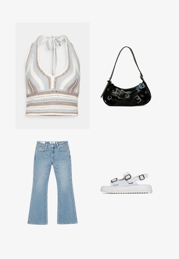 Top de ganchillo tipo halter con rayas en azul claro, beige y blanco, con un escote profundo en V y una espalda atada. Textura de tejido abierto en todo el top.; Vaqueros de denim azul claro con pernera ligeramente acampanada, estilo de cinco bolsillos y una etiqueta "project blue" en la cintura interior y en el bolsillo delantero.; Sandalia blanca con dos correas ajustables, hebillas plateadas y una suela blanca gruesa con un patrón de zigzag. Textura suave y diseño abierto.; Bolso de mano de charol negro con forma curva, que presenta herrajes plateados, hebillas decorativas y una correa corta. Etiqueta azul adjunta.