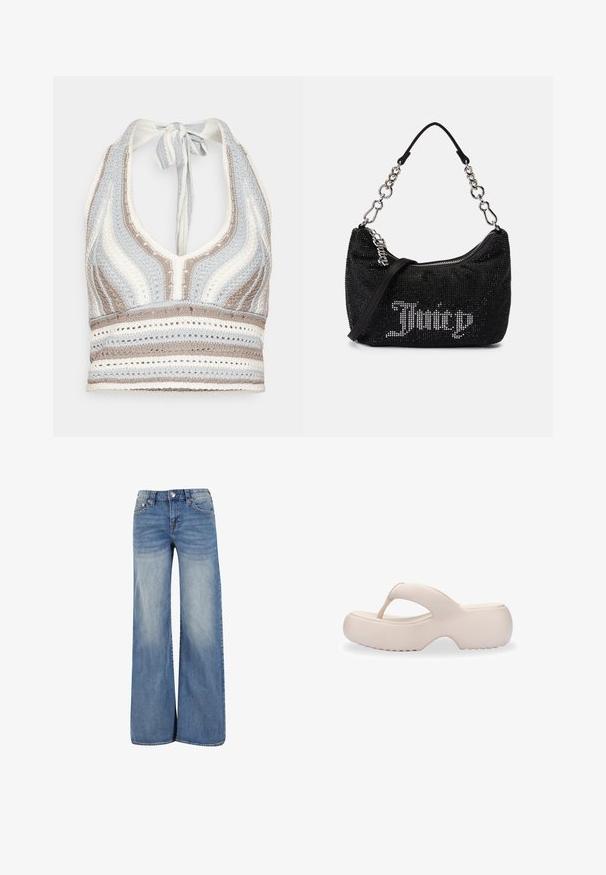 Top de ganchillo tipo halter con rayas en azul claro, beige y blanco, con un escote profundo en V y una espalda atada. Textura de tejido abierto en todo el top.; Jeans de denim azul de pernera ancha con un lavado claro, que presentan un diseño tradicional de cinco bolsillos, cierre de botón y un ligero desgastado en la parte delantera.; Melissa FREE FUZZY - Sandalias de dedo - beige; Bolso negro con adornos de strass, de forma curvada y con un asa de cadena plateada. Presenta un zipper y el logo "Juicy" en blanco.