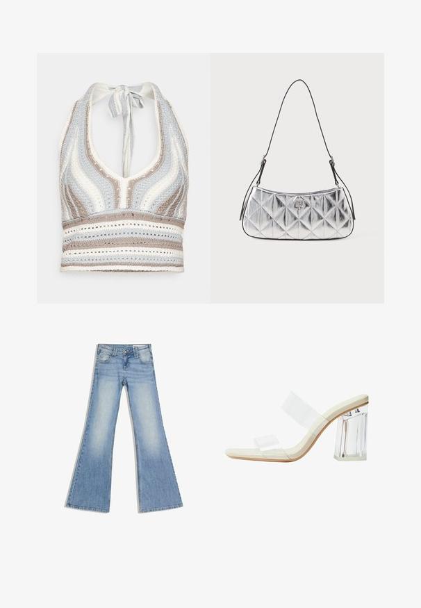 Crochet halter top yang menampilkan garis-garis biru muda, beige, dan putih dengan leher V dalam dan ikatan di belakang. Tekstur rajutan terbuka di seluruh bagian.; Vaaleansiniset farkut, joissa on korkea vyötärö, etutaskut ja levenevät leveät lahkeet, aseteltuna tasaisesti valkoiselle taustalle.; Sandaalit, joissa on läpinäkyvät hihnat, beige jalkapohja ja paksu läpinäkyvä korko. Suora ja sileä muotoilu, minimalistinen estetiikka.; Metallinen hopeinen olkalaukku, jossa on tikattu muotoilu, sileä pinta ja musta säädettävä hihna. Edessä on pieni logo-yksityiskohta.