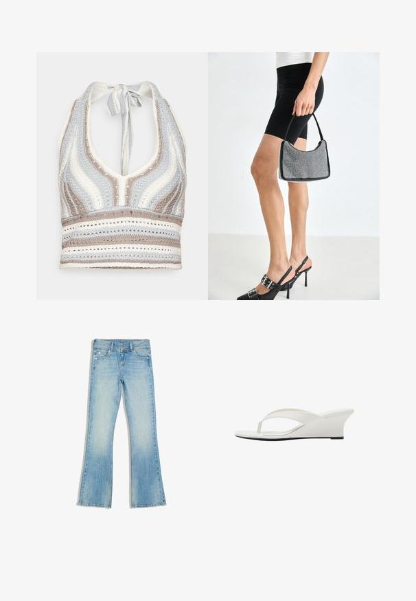 Haut halter en crochet avec des rayures bleu clair, beige et blanc, doté d'un décolleté en V profond et d'un lien dans le dos. Texture en torsion ouverte sur l'ensemble.; Jean en denim bleu clair délavé avec une légère évasement, poches avant, passants de ceinture et double fermeture par boutons à la taille, posé à plat sur un fond blanc.; Sandale blanche à talon compensé avec des lanières lisses et une semelle légèrement surélevée, vue de côté sur fond blanc.; Sac à main à perles noires avec une silhouette courbée, une poignée de transport et une texture brillante. Porté avec des chaussures à talons hauts noires et un short noir ajusté.