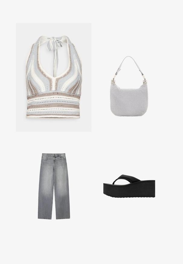 Hæklet halterneck-top med lyseblå, beige og hvide striber, dyb V-halsudskæring og knyttet ryg. Åben vævet tekstur hele vejen igennem.; Bredde-grå denim jeans med en let falmet finish, der har fem lommer, lukning med knap foran og bæltestropper.; Sort platform flip-flop med tyk polstret sål og bred tårem, set fra siden på hvid baggrund.; Grå og sølv håndtaske med et tekstureret mønster, rund form, skulderrem og skinnende hardware detaljer. Lynlåslukning øverst.