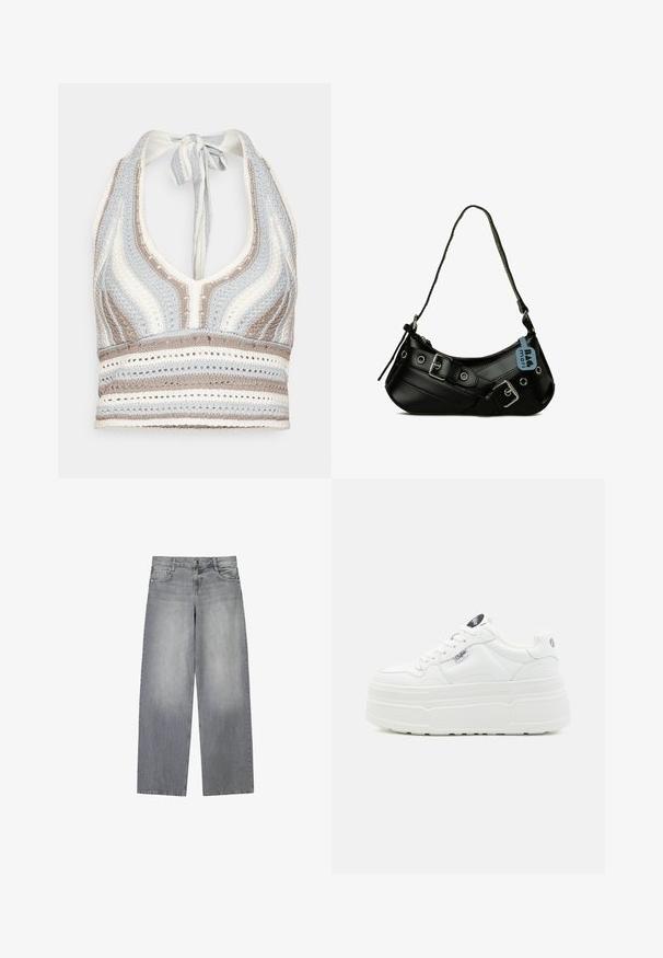 Hæklet halterneck-top med lyseblå, beige og hvide striber, dyb V-halsudskæring og knyttet ryg. Åben vævet tekstur hele vejen igennem.; Bredde-grå denim jeans med en let falmet finish, der har fem lommer, lukning med knap foran og bæltestropper.; Hvide platform sneakers med en glat syntetisk overflade, rund tå, polstret krave og tekstureret sål. Har et kontrasterende logo-tag.; Sort syntetisk håndtaske med en buet form, justerbar rem og dekorative metalspænder. Har en glat, blank tekstur.