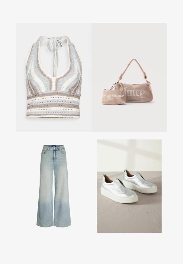 Hæklet halterneck-top med lyseblå, beige og hvide striber, dyb V-halsudskæring og knyttet ryg. Åben vævet tekstur hele vejen igennem.; Vidde jeans lavet af lyseblåt denim, med høj talje, fem lomme-design og subtilt falmning i stoffets tekstur.; Sølv slip-on sko med tekstureret finish, rund tå og en tykk hvid platformssål; har elastiske sidepaneler og en trækflap.; To beige ruskind Juicy Couture-tasker, den ene en lille håndledsmappe med logo, den anden en skuldertaske med rhinsten "Juicy" tekst.