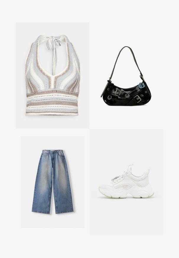 Hæklet halterneck-top med lyseblå, beige og hvide striber, dyb V-halsudskæring og knyttet ryg. Åben vævet tekstur hele vejen igennem.; Bredde ben blå denim jeans med høj talje og falmede detaljer, lagt fladt på hvid baggrund.; Hvide chunky sneakers lavet af læder og mesh-materialer, med en tyk sål, rund tå og dekorative snørebånd. Let teksturerede detaljer.; Sort lakeret skuldertaske med en buet form, udsmykket med sølvhardware, dekorative spænder og en kort rem. Blå mærkat vedhæftet.
