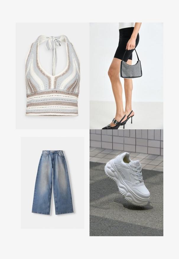 Hæklet halterneck-top med lyseblå, beige og hvide striber, dyb V-halsudskæring og knyttet ryg. Åben vævet tekstur hele vejen igennem.; Bredde ben blå denim jeans med høj talje og falmede detaljer, lagt fladt på hvid baggrund.; Hvide lædersneakers med en kraftig sål, teksturerede detaljer og snørelukning. Har formede accenter og en glat finish.; Sort perlehandtaske med en buet silhuet, bærehåndtag og blank overflade. Båret med højhælede sorte sko og tætsiddende sorte shorts.