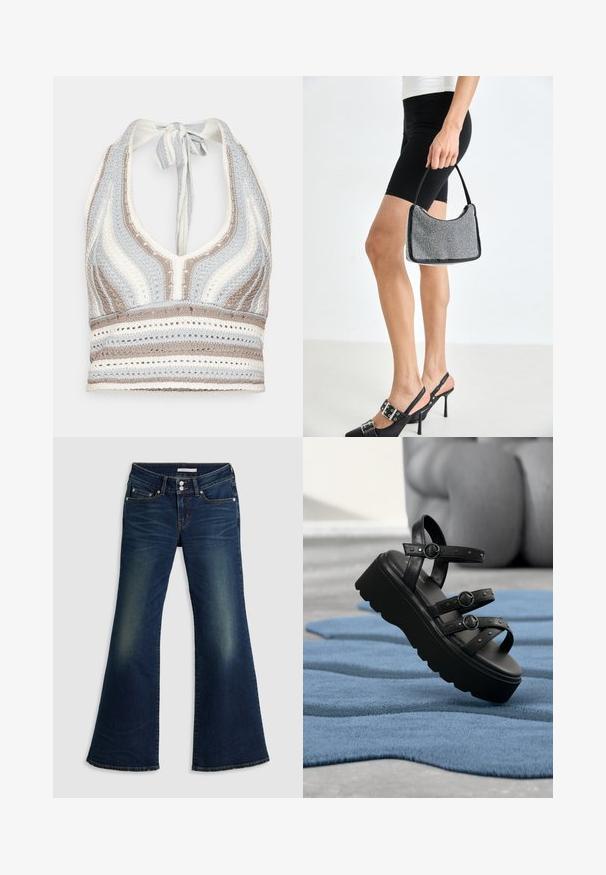 Haut halter en crochet avec des rayures bleu clair, beige et blanc, doté d'un décolleté en V profond et d'un lien dans le dos. Texture en torsion ouverte sur l'ensemble.; Jean flare super bas en denim bleu foncé avec poches avant et arrière, fermeture à double bouton et détails décolorés sur les cuisses et les genoux.; Sandale plateforme noire avec trois brides réglables à boucle, posée sur un tapis bleu texturé avec un arrière-plan flou.; Sac à main à perles noires avec une silhouette courbée, une poignée de transport et une texture brillante. Porté avec des chaussures à talons hauts noires et un short noir ajusté.