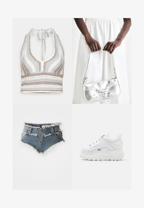 Haut halter en crochet avec des rayures bleu clair, beige et blanc, doté d'un décolleté en V profond et d'un lien dans le dos. Texture en torsion ouverte sur l'ensemble.; Shorts en denim avec ourlet effiloché, taille haute, fermeture éclair à l'avant et deux poches avant. Le matériau est un denim bleu délavé avec des détails usés.; Baskets plateformes blanches en matériau synthétique brillant, avec un design à lacets, un col rembourré et un accent de marque sur le côté.; Sac à main en métal argenté avec un détail à lacets, arborant un design épuré et une courte sangle. Le sac est tenu dans les mains, mettant en valeur sa texture.