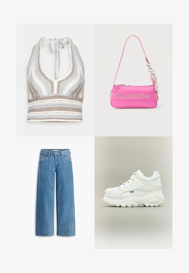 Hæklet halterneck-top med lyseblå, beige og hvide striber, dyb V-halsudskæring og knyttet ryg. Åben vævet tekstur hele vejen igennem.; Lysblå bredbenede jeans lavet af denim, med høj talje, fem lommer og en klassisk knaplukning. Lige snit fra lår til kant.; Hvid platformsneaker med tyk klodset sål, snørebånd foran og Buffalo-brandlogo på siden, vist fra ydersiden.; Lille lys pink Juicy Couture håndtaske med sølvkædedetalje og logotekst på forsiden, enkelt smalt skulderrem.
