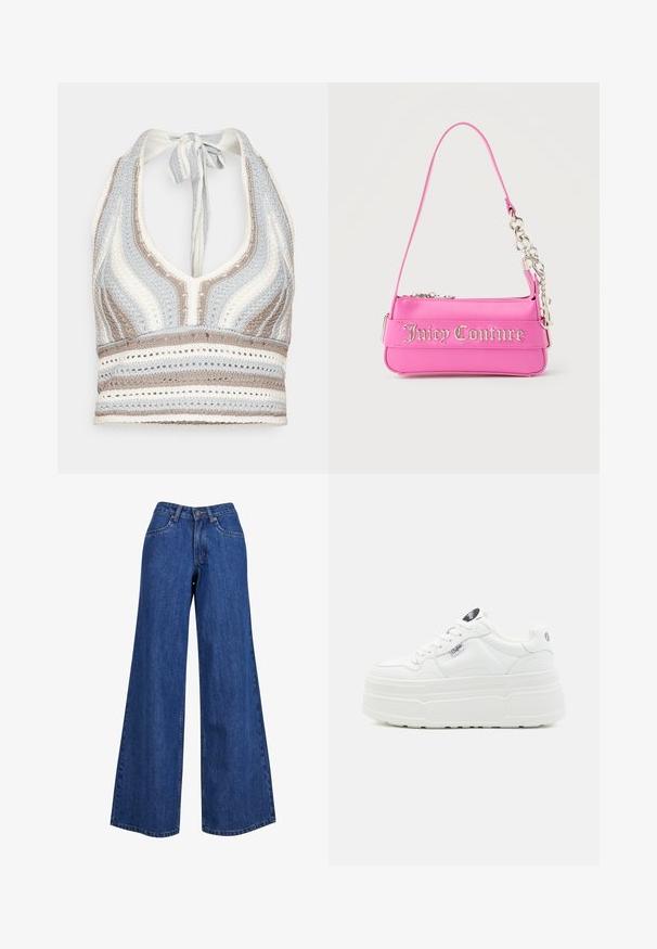 Hæklet halterneck-top med lyseblå, beige og hvide striber, dyb V-halsudskæring og knyttet ryg. Åben vævet tekstur hele vejen igennem.; Bredde ben denim jeans i mellemblå, med høj talje, kontrasterende syninger og et klassisk femlommers design.; Hvide platform sneakers med en glat syntetisk overflade, rund tå, polstret krave og tekstureret sål. Har et kontrasterende logo-tag.; Lille lys pink Juicy Couture håndtaske med sølvkædedetalje og logotekst på forsiden, enkelt smalt skulderrem.