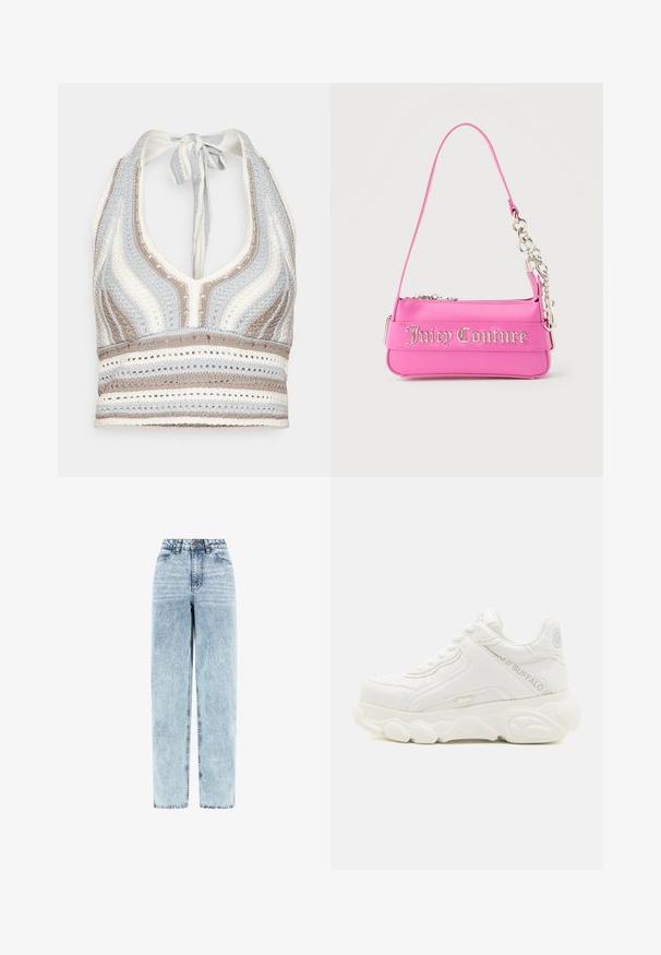 Haut halter en crochet avec des rayures bleu clair, beige et blanc, doté d'un décolleté en V profond et d'un lien dans le dos. Texture en torsion ouverte sur l'ensemble.; Jean taille haute en denim bleu clair délavé, coupe droite, bouton et fermeture éclair à l’avant, poches avant.; Basket blanche épaisse avec semelle épaisse, design à lacets, et marquage "Buffalo" sur le côté et le talon.; Petit sac à main Juicy Couture rose vif avec détail en chaîne argentée et lettrage du logo sur le devant, une seule bandoulière étroite.
