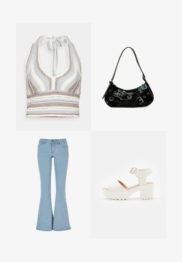 Hæklet halterneck-top med lyseblå, beige og hvide striber, dyb V-halsudskæring og knyttet ryg. Åben vævet tekstur hele vejen igennem.; Lyseblå denim bukser med flare, høj talje, fem lommer og knaplukning. Har en glat tekstur og en ren kant.; Hvid åben tå sandal med en klodset hæl, justerbar ankelrem, tekstureret sål og glat syntetisk overdel. Guldfarvet spænde som accent.; Sort lakeret skuldertaske med en buet form, udsmykket med sølvhardware, dekorative spænder og en kort rem. Blå mærkat vedhæftet.