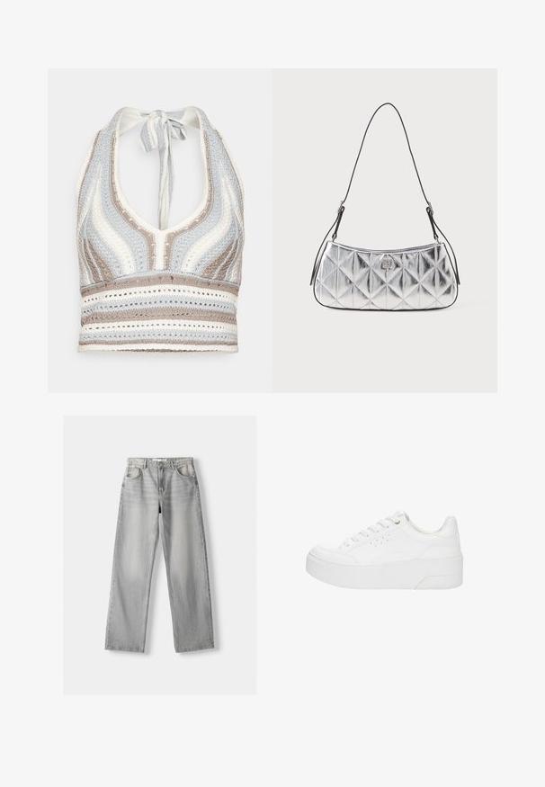Hæklet halterneck-top med lyseblå, beige og hvide striber, dyb V-halsudskæring og knyttet ryg. Åben vævet tekstur hele vejen igennem.; Lys grå denim jeans med lige pasform, der har to frontlommer, en knappelukning og diskrete slidser for tekstur.; Hvid platform-sneaker med snørelukning foran, perforerede detaljer på siden og tyk sål, vist fra ydersiden på en hvid baggrund.; Metallic sølv skuldertaske med en quiltet design, glat overflade og justerbar sort strop. Har en lille logo detalje foran.