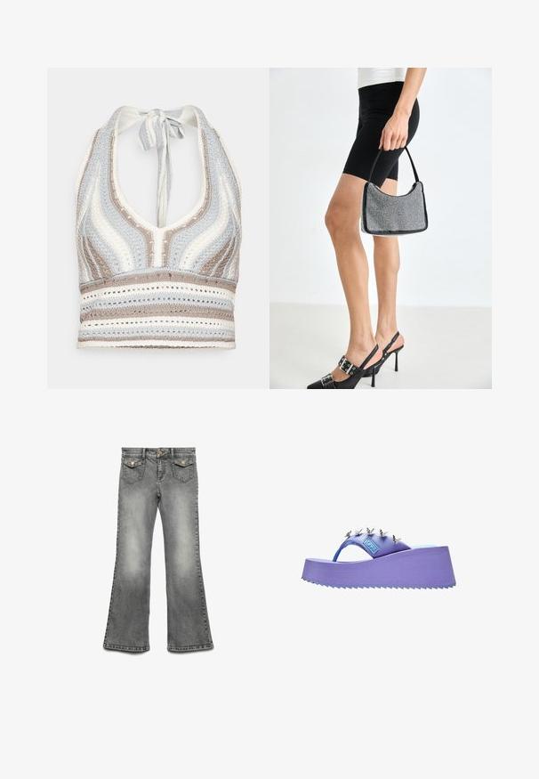 Haut halter en crochet avec des rayures bleu clair, beige et blanc, doté d'un décolleté en V profond et d'un lien dans le dos. Texture en torsion ouverte sur l'ensemble.; Jean flare en denim gris avec un délavage, design à cinq poches et ferrures de couleur or contrastante. Taille droite avec fermeture à bouton.; Sandale plateforme violette avec décorations papillon argentées sur la bride et semelle texturée.; Sac à main à perles noires avec une silhouette courbée, une poignée de transport et une texture brillante. Porté avec des chaussures à talons hauts noires et un short noir ajusté.