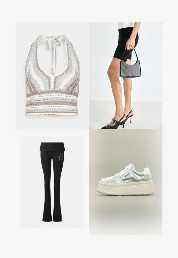 Crochet halter top featuring light blue, beige, and white stripes with a deep V-neckline and a tied back. Open weave texture throughout.; Black high-waist flare pants with fold-over waistband, featuring "LDN 13" printed in gray on the upper thigh.; Chunky platform sneaker with metallic silver upper, white laces, and thick cream-colored textured sole, shown in side profile on neutral background.; Black beaded handbag with a curved silhouette, carrying handle, and shiny texture. Worn with high-heeled black shoes and fitted black shorts.