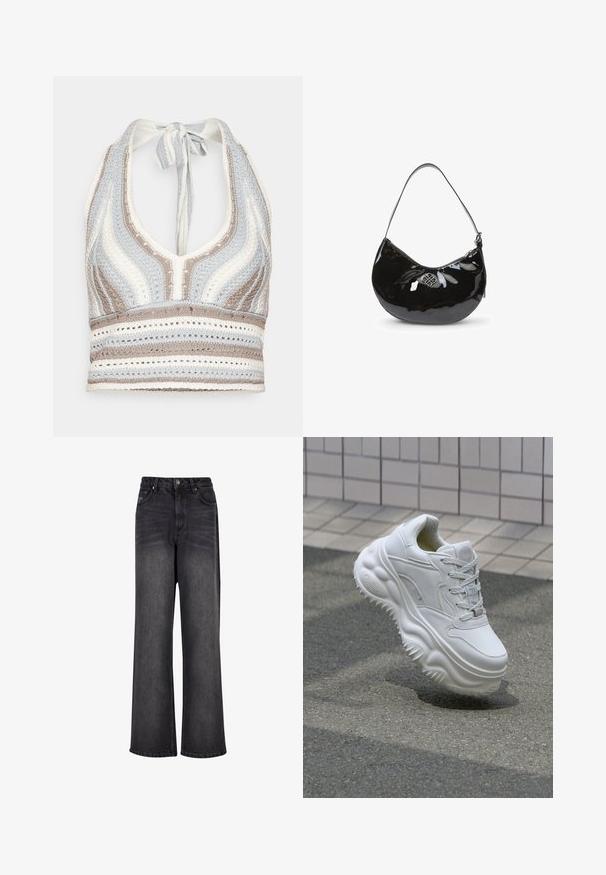 Hæklet halterneck-top med lyseblå, beige og hvide striber, dyb V-halsudskæring og knyttet ryg. Åben vævet tekstur hele vejen igennem.; Bredde ben sorte denim jeans med en glat tekstur, der har høj talje, forlommer og knaplukning.; Hvide lædersneakers med en kraftig sål, teksturerede detaljer og snørelukning. Har formede accenter og en glat finish.; Sort patentlæder håndtaske med en buet form, enkelt skulderrem, lynlåslukning og et dekorativt metal logo. Glat tekstur.