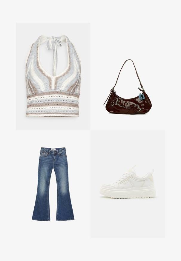 Haut halter en crochet avec des rayures bleu clair, beige et blanc, doté d'un décolleté en V profond et d'un lien dans le dos. Texture en torsion ouverte sur l'ensemble.; Jeans en denim évasés de couleur bleu moyen avec des détails décolorés. Ils présentent un design classique à cinq poches et des coutures contrastées avec une fermeture à bouton.; Baskets en cuir blanc avec une semelle épaisse, design à lacets et branding subtil. Présentent une texture lisse et un bout arrondi.; Sac à main en cuir verni bordeaux avec une forme courbée, accents en métal argenté et une boucle décorative. Il présente une courte bandoulière et une fermeture éclair.