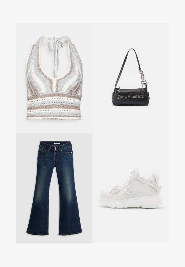 Haut halter en crochet avec des rayures bleu clair, beige et blanc, doté d'un décolleté en V profond et d'un lien dans le dos. Texture en torsion ouverte sur l'ensemble.; Jean flare super bas en denim bleu foncé avec poches avant et arrière, fermeture à double bouton et détails décolorés sur les cuisses et les genoux.; Baskets blanches épaisses avec une semelle épaisse et des accents décoratifs de papillons en 3D sur le côté, les lacets et le talon.; Sac à main noir en matériau synthétique texturé. Dispose d'une bandoulière en chaîne et d'un logo "Juicy Couture" en argent affiché en évidence sur le devant.