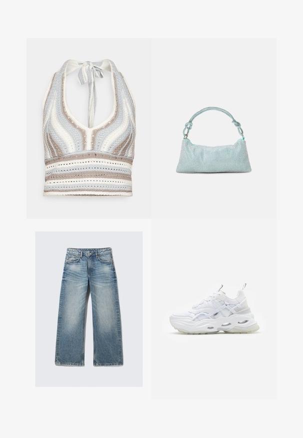 Hæklet halterneck-top med lyseblå, beige og hvide striber, dyb V-halsudskæring og knyttet ryg. Åben vævet tekstur hele vejen igennem.; Lyseblå jeans med vide ben lavet af denim, med forlommer, lynlås foran og en falmet tekstur med diskrete whiskering-detaljer.; Hvide sneakers med en kraftig sål, lagdelt mesh og syntetisk overdel, med mønstrede detaljer, snøresystem og hæl-dragtag.; Mascara Clutches - mint