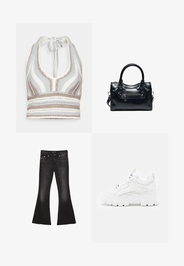 Hæklet halterneck-top med lyseblå, beige og hvide striber, dyb V-halsudskæring og knyttet ryg. Åben vævet tekstur hele vejen igennem.; Sorte denim flare jeans med mid-waist, der har fem lommer, kontrasterende syninger og hardware i sølvfarve.; Hvide chunky sneakers med en tekstureret overdel, polstret krave og tyk, rillede sål. Har kontrastfarvede sorte snørebånd og brandingdetaljer.; Sort skinnende læderhåndtaske med to håndtag, lynlåslomme foran og aftagelig skulderrem på hvid baggrund.
