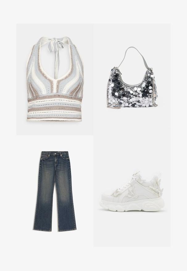 Haut halter en crochet avec des rayures bleu clair, beige et blanc, doté d'un décolleté en V profond et d'un lien dans le dos. Texture en torsion ouverte sur l'ensemble.; Jean en denim bleu foncé avec une taille haute, jambes larges et droites, fermeture à boutons et fermeture éclair à l'avant, et design à cinq poches.; Baskets blanches épaisses avec une semelle épaisse et des accents décoratifs de papillons en 3D sur le côté, les lacets et le talon.; Sac à main en sequins argentés de forme ronde, avec une poignée douce et une bandoulière en chaîne argentée. Il dispose d'une fermeture à glissière et de détails réfléchissants.