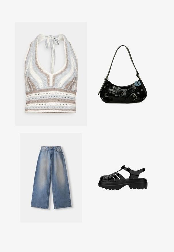 Hæklet halterneck-top med lyseblå, beige og hvide striber, dyb V-halsudskæring og knyttet ryg. Åben vævet tekstur hele vejen igennem.; Lyseblå vidde jeans med falmet front, fem-lomme stil, knap- og lynlåslukning, lagt fladt på en hvid baggrund.; Sorte gummisandaler med lukket tå-design, der har vandrette udskæringer og en tyk, struktureret sål for godt greb. Justerbar rem inkluderet.; Sort lakeret skuldertaske med en buet form, udsmykket med sølvhardware, dekorative spænder og en kort rem. Blå mærkat vedhæftet.