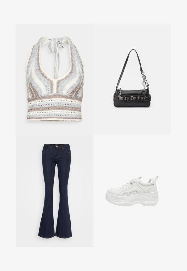 Hæklet halterneck-top med lyseblå, beige og hvide striber, dyb V-halsudskæring og knyttet ryg. Åben vævet tekstur hele vejen igennem.; Mørke denim flare jeans med en tætsiddende talje, der har en forsænket knaplukning, fem-lomme design og sømdetaljer langs benene.; Hvid chunky sneaker med tyk sål, snørelukning foran, polstret krave og trækstykke på hælen.; Sort håndtaske lavet af tekstureret syntetisk materiale. Har en kædestrop og sølv "Juicy Couture" logoet fremtrædende vist på forsiden.