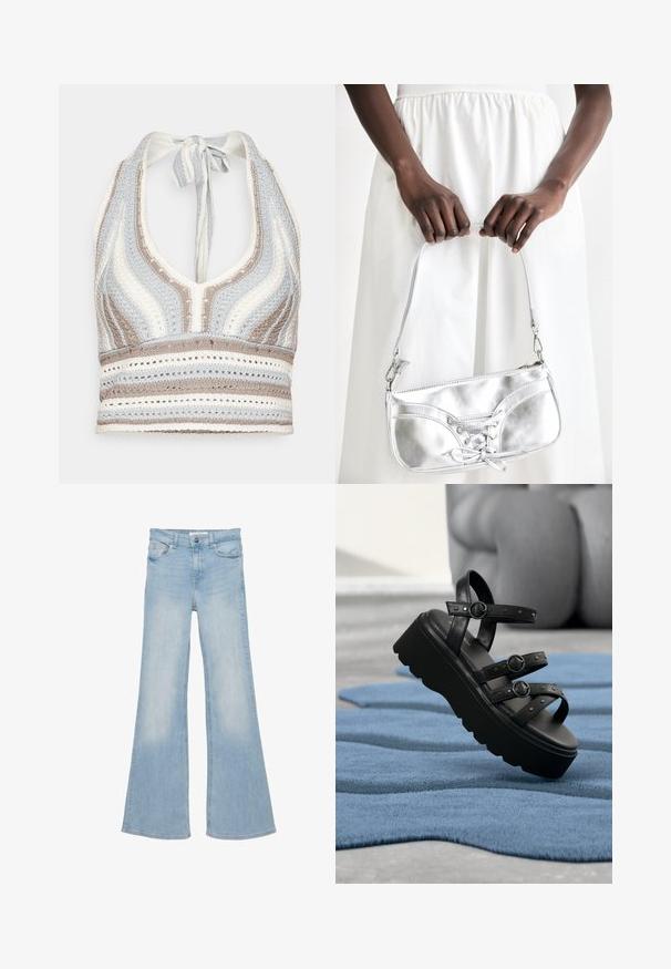 Haut halter en crochet avec des rayures bleu clair, beige et blanc, doté d'un décolleté en V profond et d'un lien dans le dos. Texture en torsion ouverte sur l'ensemble.; Jean en denim bleu clair taille haute avec bouton et fermeture éclair à l'avant, cinq poches, et jambes évasées larges.; Sandale plateforme noire avec trois brides réglables à boucle, posée sur un tapis bleu texturé avec un arrière-plan flou.; Sac à main en métal argenté avec un détail à lacets, arborant un design épuré et une courte sangle. Le sac est tenu dans les mains, mettant en valeur sa texture.