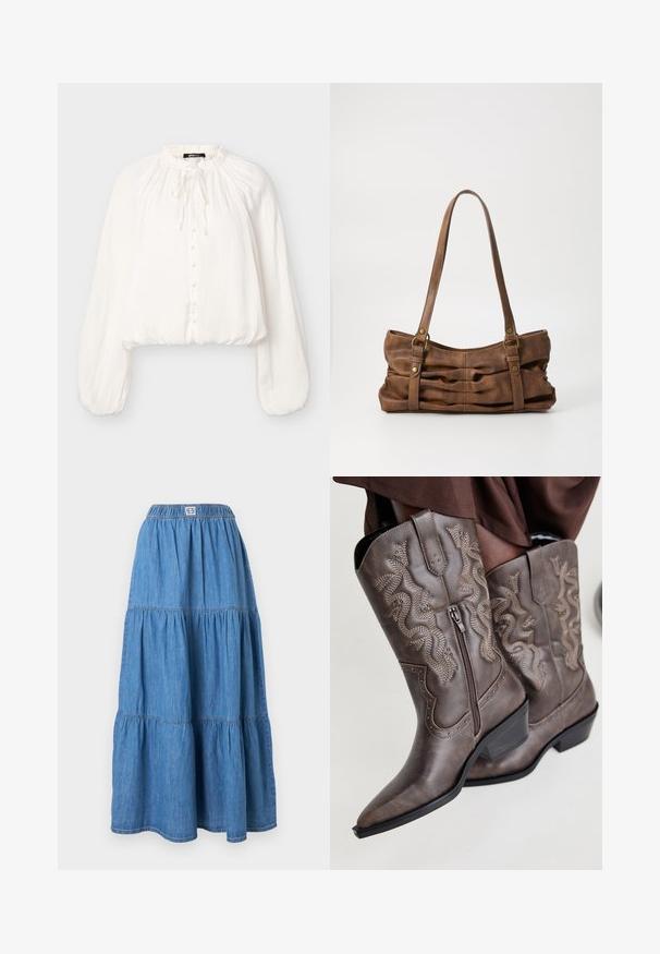 Blouse blanche à manches longues avec col rond froncé, boutons recouverts de tissu sur le devant, détail noué, et manches bouffantes resserrées aux poignets.; Jupe maxi en denim bleu à volants avec ceinture élastique et coutures froncées, présentée sur un fond blanc.; Bottes de cowboy en cuir marron avec un bout pointu, fermeture éclair sur le côté et design serpent texturé en beige, ornées de clous décoratifs le long des bords.; Even&Odd Sac à main - brown