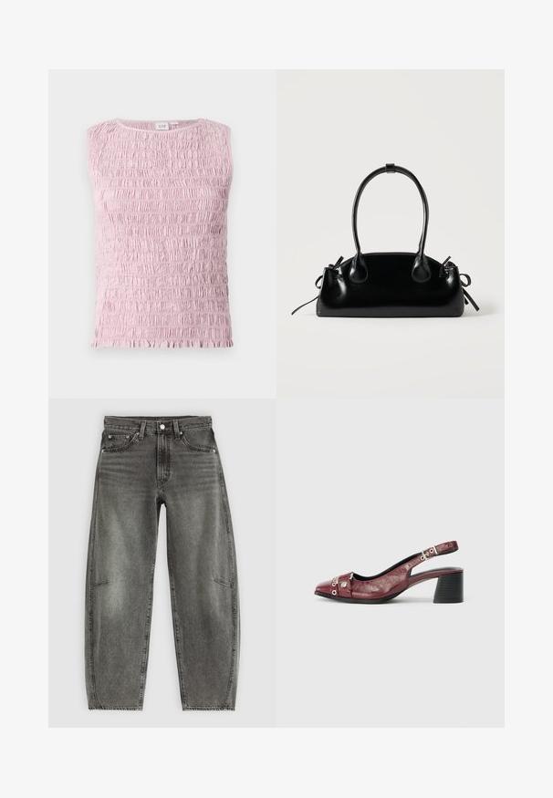 Lichtroze mouwloos topje met geplooide, gerimpelde stoftextuur en een ronde halslijn.; Hoge taille grijs gewassen denim jeans met vijf zakken, knoopsluiting en een ontspannen rechte pasvorm.; Bordeaux leren slingback schoen met een ronde neus, gebogen ontwerp, zilveren hardware accenten en een blokhak. Textuurafwerking.; Kleine zwarte glanzende handtas met twee lange hengsels en zijkant trekkoord details op een effen lichte achtergrond.