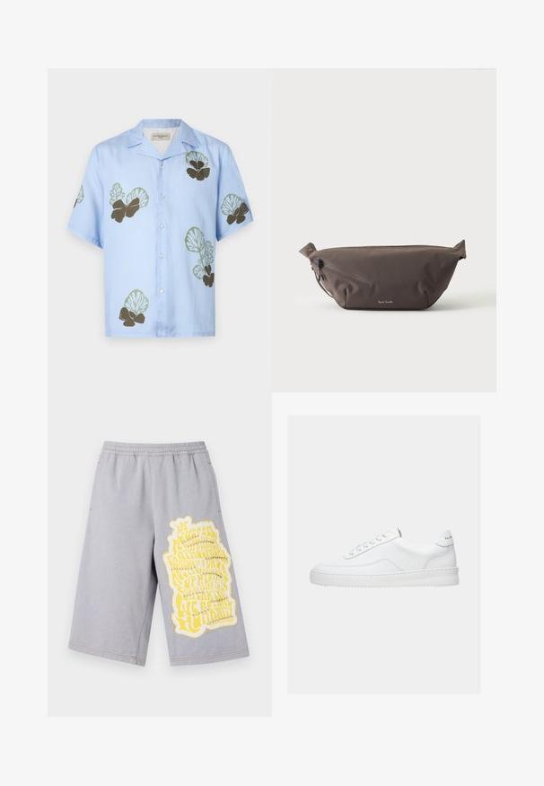 Korte mouwen shirt van lichtblauwe stof met groene en donkerbruine bloempatronen. Klassieke kraag met knopen aan de voorkant.; Grijze katoenen shorts met een elastische tailleband, voorzien van een grote gele grafische print en versleten randen aan het linkerbeen.; Witte lage sneaker met vetersluiting, glad leren bovenwerk en dikke zool, gezien vanuit de zijkant tegen een effen achtergrond.; Donkerbruine stoffen heuptas met diagonale ritssluiting en klein wit logo aan de voorkant, tegen een effen lichte achtergrond.