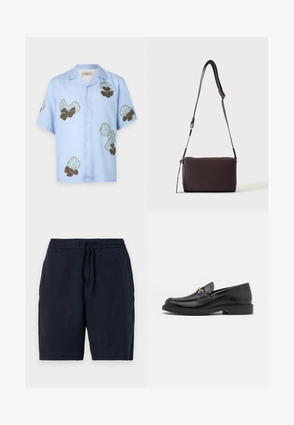 Camisa de manga corta en tela azul claro con patrones florales en verde y marrón oscuro. Cuello clásico con botones en la parte delantera.; Pantalones cortos de lino azul marino con cintura elástica y cordón, que presentan un ajuste relajado y una superficie ligeramente texturizada.; Mocasines de cuero negro con punta redondeada, que cuentan con un detalle de herrajes dorados y costuras, situados sobre una suela de goma texturizada y baja.; Bolso bandolera de cuero marrón oscuro con textura, correa ajustable y pequeño adorno decorativo azul en el lateral.
