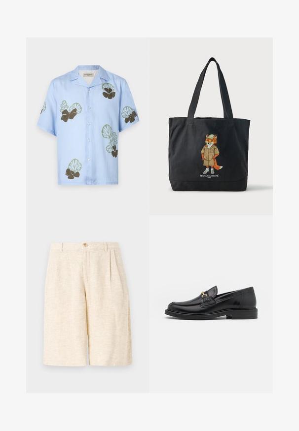 Korte mouwen shirt van lichtblauwe stof met groene en donkerbruine bloempatronen. Klassieke kraag met knopen aan de voorkant.; Beige op maat gemaakte shorts van textuurstof, met voorplooien, een knoopsluiting en een rechtopstaand ontwerp.; Zwarte leren instappers met een ronde neus, voorzien van een gouden hardware accent en stikdetails, geplaatst op een lage, getextureerde rubberen zool.; Zwarte draagtas met twee handvatten, met een illustratie van een vos in een hoed en korte broek en de tekst "Maison Kitsuné Paris" eronder.