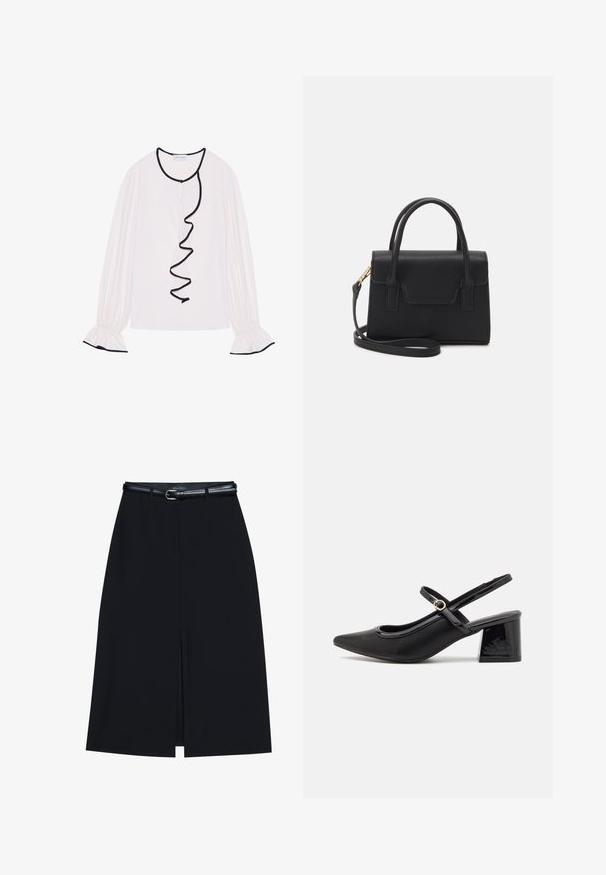 Lange mouwen blouse van lichtroze stof, met een gerimpelde zwarte afwerking langs de voorkant en manchetten met elastische details.; Zwarte knie-lange rok met een vooraanstaande split, gemaakt van gladde stof. Heeft een dunne zwarte riem met een zilveren gesp en riemlussen.; Zwarte gepolijste leren slingback hakken met een spitse neus, een ronde uitsnede en een blokhak. Voorzien van een gouden gespaccent.; Zwarte gestructureerde handtas van leer met een bovenhandvat, een afneembare schouderriem en een voorflapdetail. Gouden hardwareaccenten.