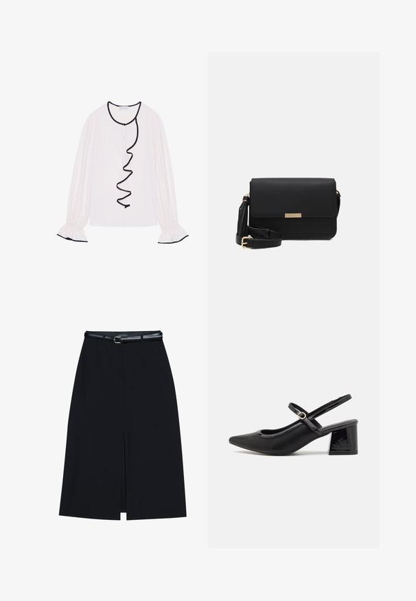 Lange mouwen blouse van lichtroze stof, met een gerimpelde zwarte afwerking langs de voorkant en manchetten met elastische details.; Zwarte knie-lange rok met een vooraanstaande split, gemaakt van gladde stof. Heeft een dunne zwarte riem met een zilveren gesp en riemlussen.; Zwarte gepolijste leren slingback hakken met een spitse neus, een ronde uitsnede en een blokhak. Voorzien van een gouden gespaccent.; Zwarte leren schoudertas met een flap sluiting, gouden hardware accenten, verstelbare schouderriem en gestructureerd oppervlak. Compakte rechthoekige vorm.