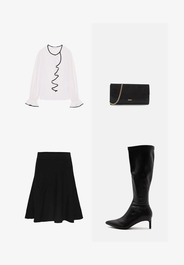 Lange mouwen blouse van lichtroze stof, met een gerimpelde zwarte afwerking langs de voorkant en manchetten met elastische details.; Zwarte, uitlopende rok tot op de knie met een brede, elastische tailleband en een gladde stoftextuur, weergegeven tegen een witte achtergrond.; Zwarte leren laars tot over de knie met een puntige neus en een slanke, middelhoge hak op een effen lichte achtergrond.; Zwarte clutch tas gemaakt van suede met een textuurafwerking, voorzien van een gouden schouderband en een strakke, hoekige vorm.