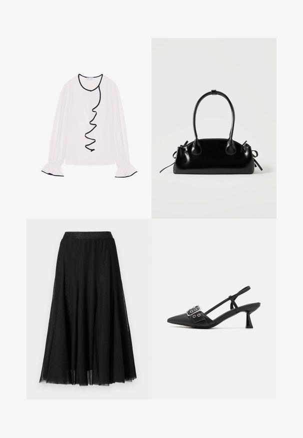Blusa de manga larga en tejido rosa claro, con un ribete negro con volantes a lo largo del frente y los puños, con detalles elásticos.; Falda maxi negra con un diseño fluido y texturizado. Presenta una cinturilla amplia y brillante, así como una tela ligera y en capas que aporta un aspecto elegante.; Simmi London DALA - Tacones - black; Pequeño bolso negro brillante con dos asas largas y detalles de cordón lateral sobre un fondo claro liso.