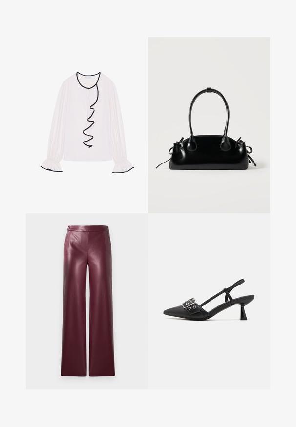Blouse à manches longues en tissu rose clair, avec un volant noir le long de l'avant et des poignets avec des détails élastiques.; Pantalons en simili cuir bordeaux à jambe large, avec une texture lisse et des boutons décoratifs à la taille.; Simmi London DALA - Escarpins - black; Petit sac à main noir brillant avec deux longues anses et des détails à cordon sur les côtés sur un fond clair uni.