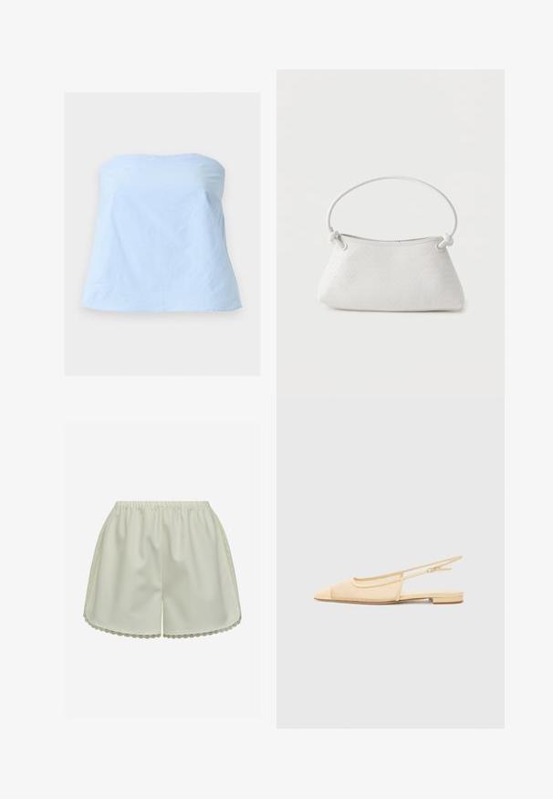 Top bustier bleu clair avec un décolleté droit et un ourlet légèrement évasé, présenté sur un fond uni.; Shorts en satin couleur crème avec taille élastique et bordure en dentelle festonnée sur les côtés et à l'ourlet.; Chaussure plate slingback en beige clair avec une tige en maille, un bout pointu et un petit talon. Dotée d'une sangle ajustable pour un bon maintien.; Sac à main en cuir tressé blanc avec poignée arrondie et extrémités de lanière nouées, présenté sur un fond uni.
