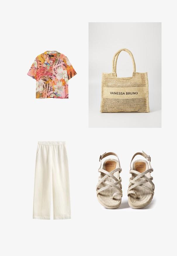 Kortærmet skjorte med knapper, prydet med livlige tropiske blomster- og bladmønstre i toner af pink, orange, hvid og grøn.; GANT BLEND PULL ON PANTS - Bukser - eggshell; Beige flettede sandaler med krydsremdesignet, lavet af teksturerede naturlige fibre, med flad sål og justerbar ankelrem.; Beige vævet tote bag med to håndtag og "VANESSA BRUNO" trykt i sort på et solidt vævet panel i midten.