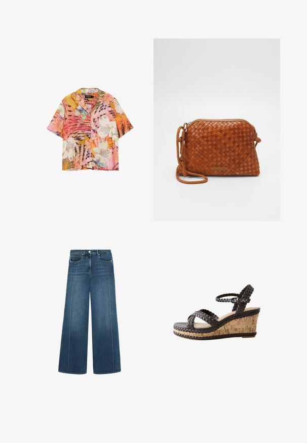 Kortærmet skjorte med knapper, prydet med livlige tropiske blomster- og bladmønstre i toner af pink, orange, hvid og grøn.; Bredde ben jeans i mørkeblå denim med kontrasterende hvid sying, fem-lomme design og en knaplukning i taljen.; Brun flet læder kile sandal med kork platform hæl og ankelrem med spænde, sideprofil mod hvid baggrund.; Brun vævet læder crossover taske med lynlåslukning, rund form og en flettet skulderrem. Har en lille, rektangulær logoplade.
