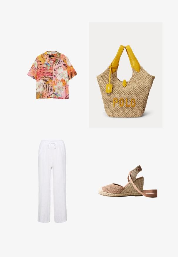 Camisa de manga corta con botones y patrones vibrantes de flores y hojas tropicales en tonos rosa, naranja, blanco y verde.; Pantalones de lino blancos con un ajuste relajado, que cuentan con una cintura elástica y cordones, y piernas rectas. Textura suave, tejido ligero.; Alpargata con cuña, parte superior de tela beige y rosa tejida, suela trenzada de yute y lazo rosa para atar en el tobillo, sobre fondo blanco.; Bolsa tote tejida beige con asas de cuero amarillo, una pequeña etiqueta de cuero amarilla y la palabra "POLO" bordada en amarillo en el frente.